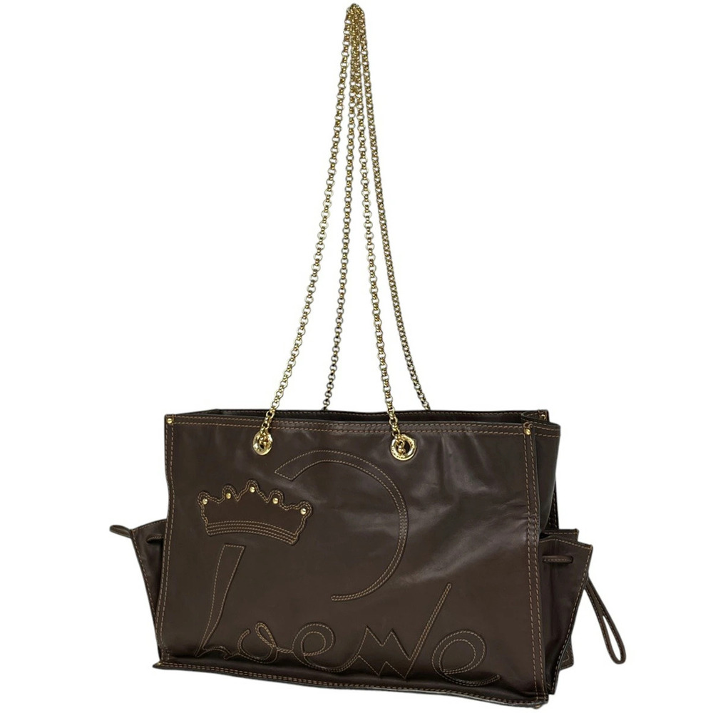 Loewe logo chain shoulder bag stitched leather brown